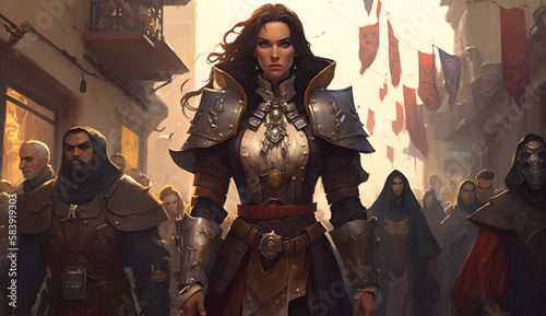 Vászonkép a beautiful girl character leading an army of paladins in busy crowded streets