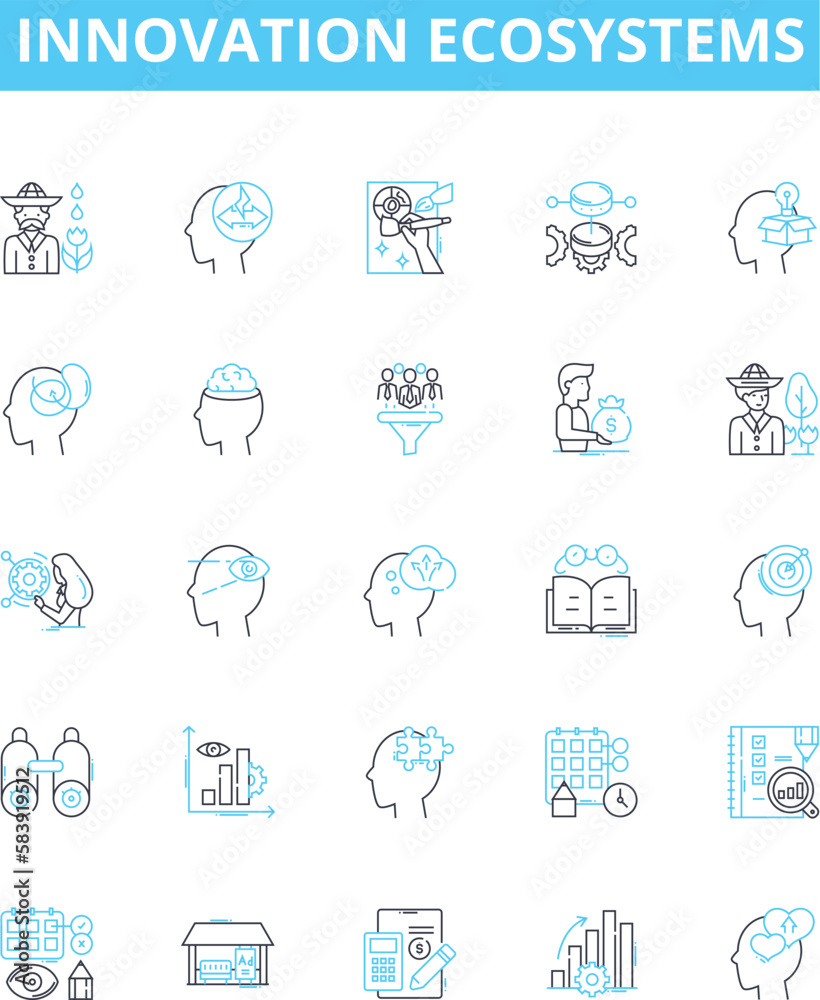 Innovation ecosystems vector line icons set. Ecosystem, Innovation, Network, Change, Creativity, Dynamics, Connectivity illustration outline concept symbols and signs