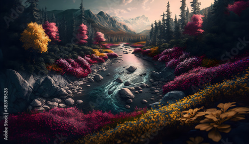 photo of a stunning interpretation of salad land forest with river and colorful flowers, autumn nature, dark sunset, dynamic scene, cinematic, realistic, Generative AI