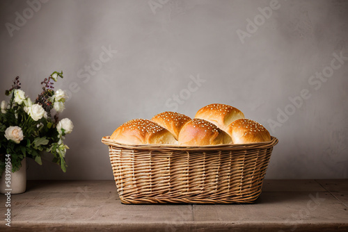 Generative AI of lots of fresh bread buns in basket photo