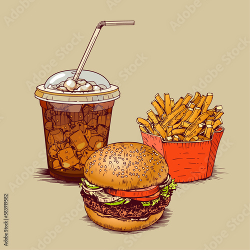 Burger with french fries and cola in vintage hand drawn style vector