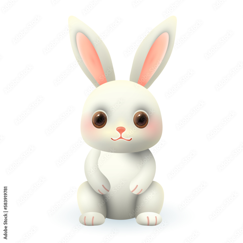 Obraz premium Adorable white bunny 3d illustration. Cute little rabbit sitting and smiling in cartoon style isolated on white background. Animal, nature, wildlife concept