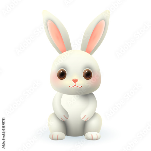 Adorable white bunny 3d illustration. Cute little rabbit sitting and smiling in cartoon style isolated on white background. Animal, nature, wildlife concept