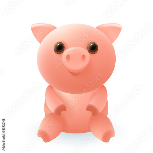 Funny little pig 3d illustration. Cute domestic animal in cartoon style isolated on white background. Animal  nature concept