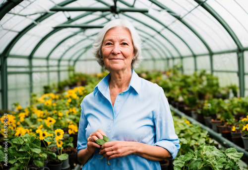 Generative AI senior farmer with seedling in greenhouse