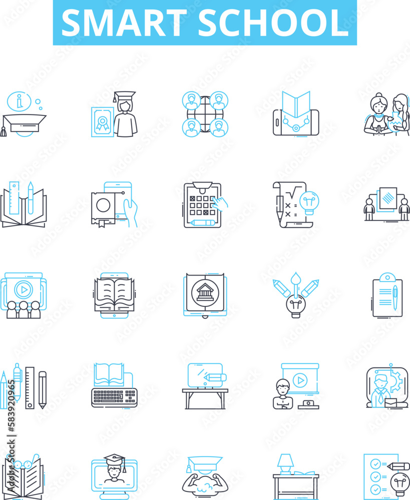 Smart school vector line icons set. Smart, School, Technology, Learn, Innovative, Intelligent, Digital illustration outline concept symbols and signs Smart school vector line icons set. Smart, School, Technology, Learn, Innovative, Intelligent, Digital illustration outline concept symbols and signs
