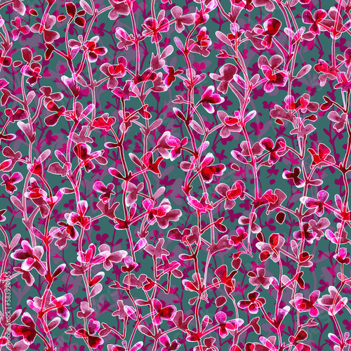 Cute delicate red twigs with leaves. Botanical pattern. Seamless background.