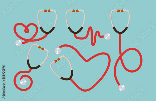 Different red stethoscopes vector illustrations set. Stethoscope in shape of heart, pulse, spiral on blue background. World Health Day, healthcare, global wellness concept