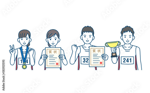 陸上部　大会で優勝し喜ぶ生徒たちのイラスト