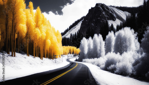 Snowy road in mountains. Autumn trees. Beautiful landscape. Generative AI.