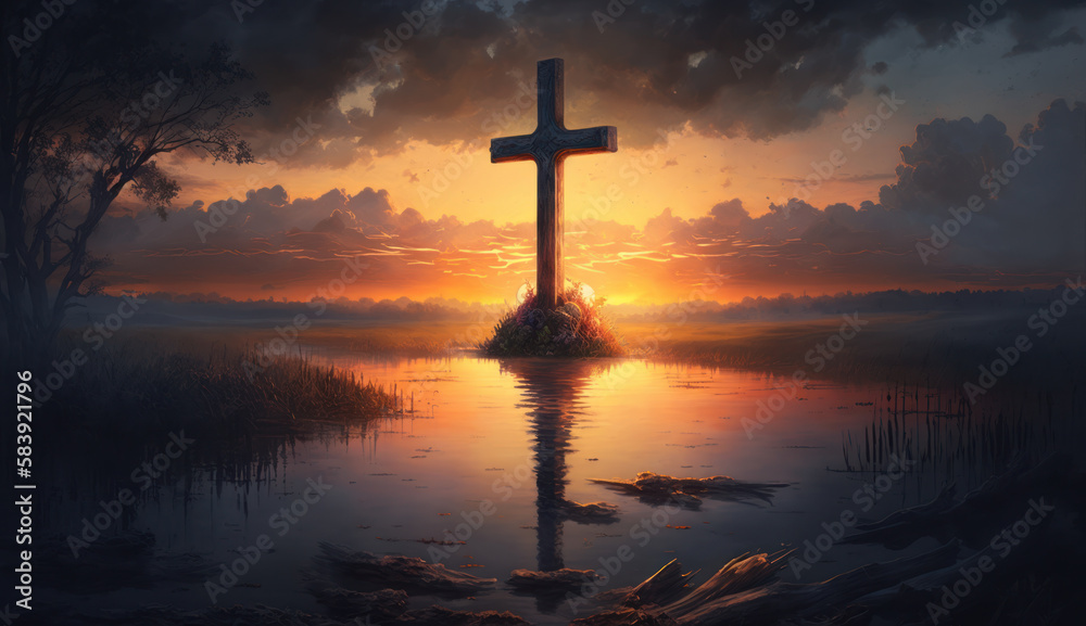 Cross Shape In Clouds - Risen - Jesus Ascends to Heaven Scene ,Generative AI.