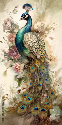 Fotografie Beautiful peacock portrait on background of flowers