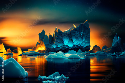 Antarctic ocean, iceberg landscape, turquoise and blue water, sunny day. Multi color illustration.