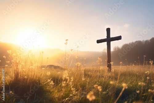 Fotomurale Cross Shape In Clouds - Risen - Jesus Ascends to Heaven Scene ,Generative AI