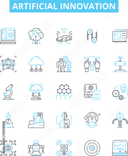 Artificial innovation vector line icons set. AI, Robotics, Automation, Machine, Learning, Augment, Intelligence illustration outline concept symbols and signs