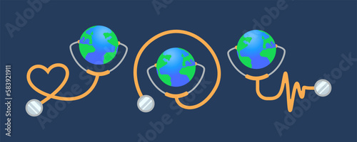 Planet Earth with stethoscope vector illustrations set. Stethoscope in shape of heart, circle, pulse rate on dark background. World Health Day, healthcare, global wellness concept