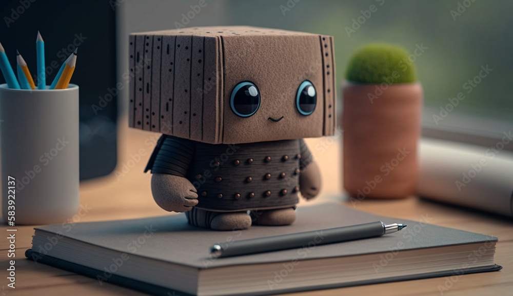 Little cute robot reading notebook at a desk, cartoon style, mini robot