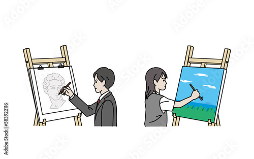 美術部　スケッチ、絵を描く生徒たちのイラスト