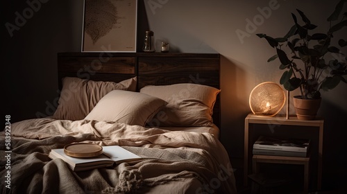 Concept of sleep hygiene, cosy bed with soft pillows and comfortable sheets, set in a peaceful bedroom environment. Quiet atmosphere, healthy bedtime routine and restful night sleep. Generative AI