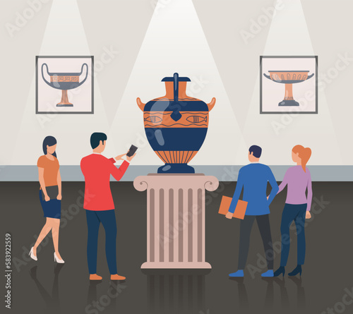 People observing ancient vase vector illustration. Visitors taking photos of decorations from ancient Greece in museum. Return to ancient Greece, mythology, nostalgia concept photo