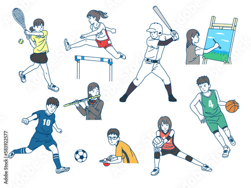 様々な部活動をする生徒たちのイラスト