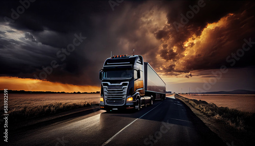Truck driving on the asphalt road in rural landscape at sunset with dark clouds with Generative AI Technology