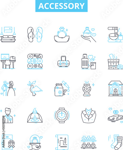 Accessory vector line icons set. Finery, trinkets, knick-knacks, apparel, ornaments, trimmings, paraphernalia illustration outline concept symbols and signs