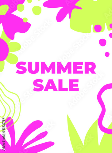 Summer Sale banner with abstract tropical leaves and minimal flowers. Design templates for sale, advertising, promo events. Minimalist and modern style