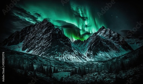  a green aurora bore over a snowy mountain range in the night sky with a green aurora bore above the mountain range in the night sky. generative ai