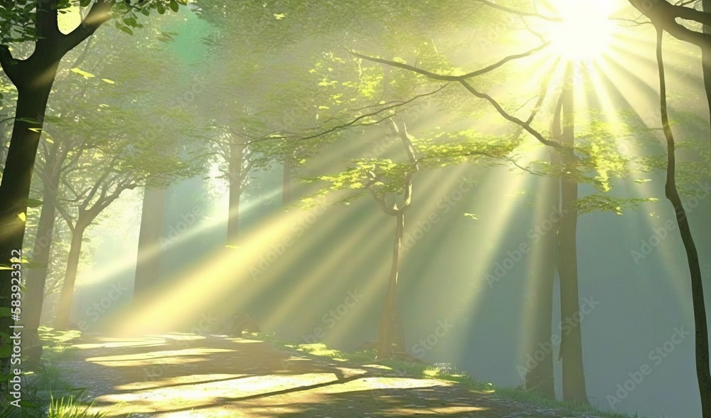 the sun is shining through the trees in the forest with a path in the ...