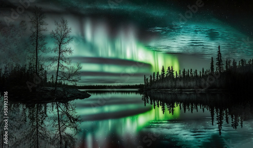  a painting of a green aurora bore over a lake with trees and a forest in the foreground and a full moon in the background.  generative ai © Anna