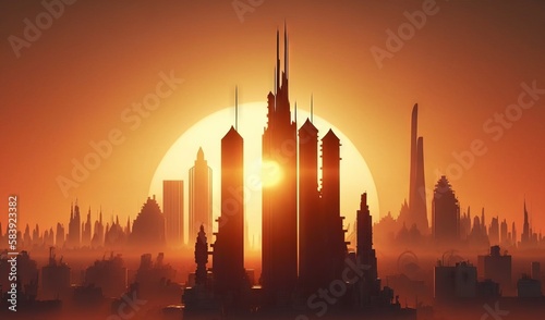  the sun is setting over a city with skyscrapers in the foreground and a hazy sky in the background, with a hazy sky. generative ai