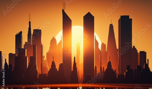  the sun is setting over a city with skyscrapers in the foreground and a body of water in the foreground, with a reflection of the buildings in the foreground. generative ai