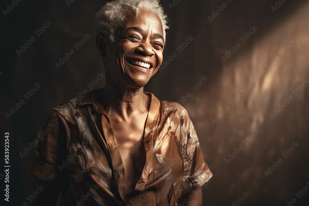 Portrait of beautiful elderly black woman looking at camera in studio. Generative AI Portrait of beautiful elderly black woman looking at camera in studio. Generative AI