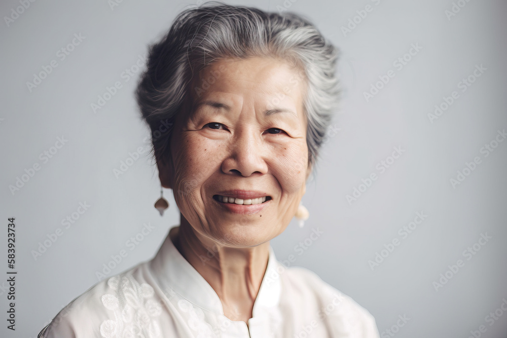 Happy elderly woman over white background. Generative AI.