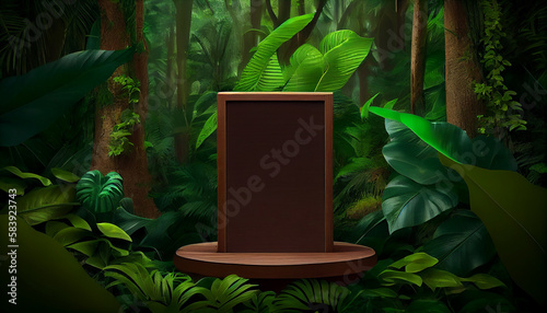 Wooden podium in tropical forest for product presentation Ai generated image