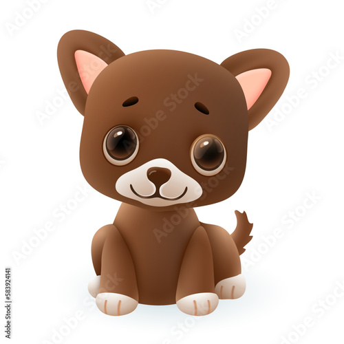 Cute brown puppy 3d illustration. Funny little dog in cartoon style sitting and wagging tail isolated on white background. Animal  nature  pet concept