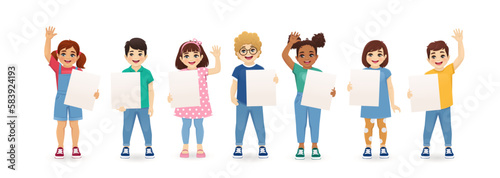 Smiling kids boys and girls holding empty blank board isolated vector illustration. Multiethnic happy children with placards.