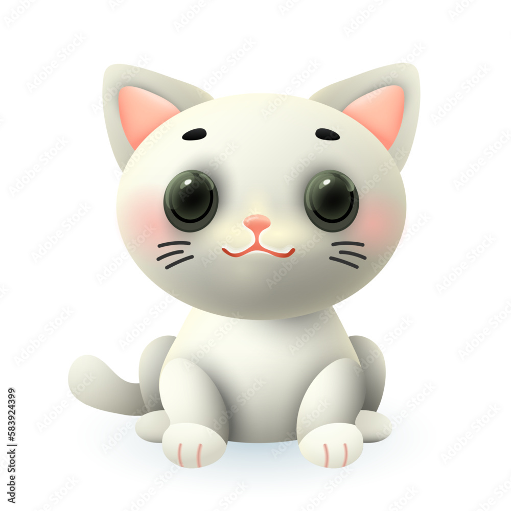 Cute kitten 3d illustration. Funny little white cat or animal in cartoon style sitting isolated on white background. Animal, nature, pet concept Cute kitten 3d illustration. Funny little white cat or animal in cartoon style sitting isolated on white background. Animal, nature, pet concept