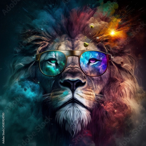 A lion wearing colorful glasses set against a space-themed artwork with vibrant colors. Generative AI