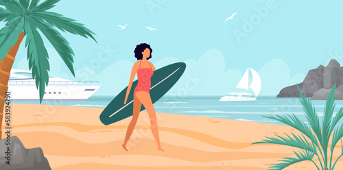 Summer sea activity, girl with surfboard on beach