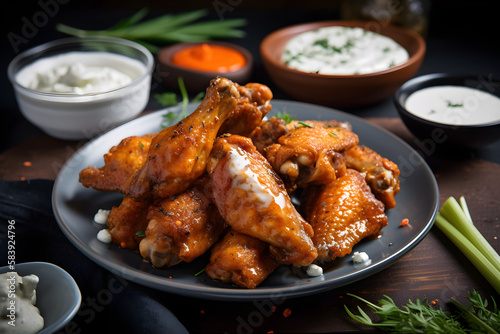 Crispy chicken wings served with a side of cooling blue cheese dressing - food products created with generative AI technology