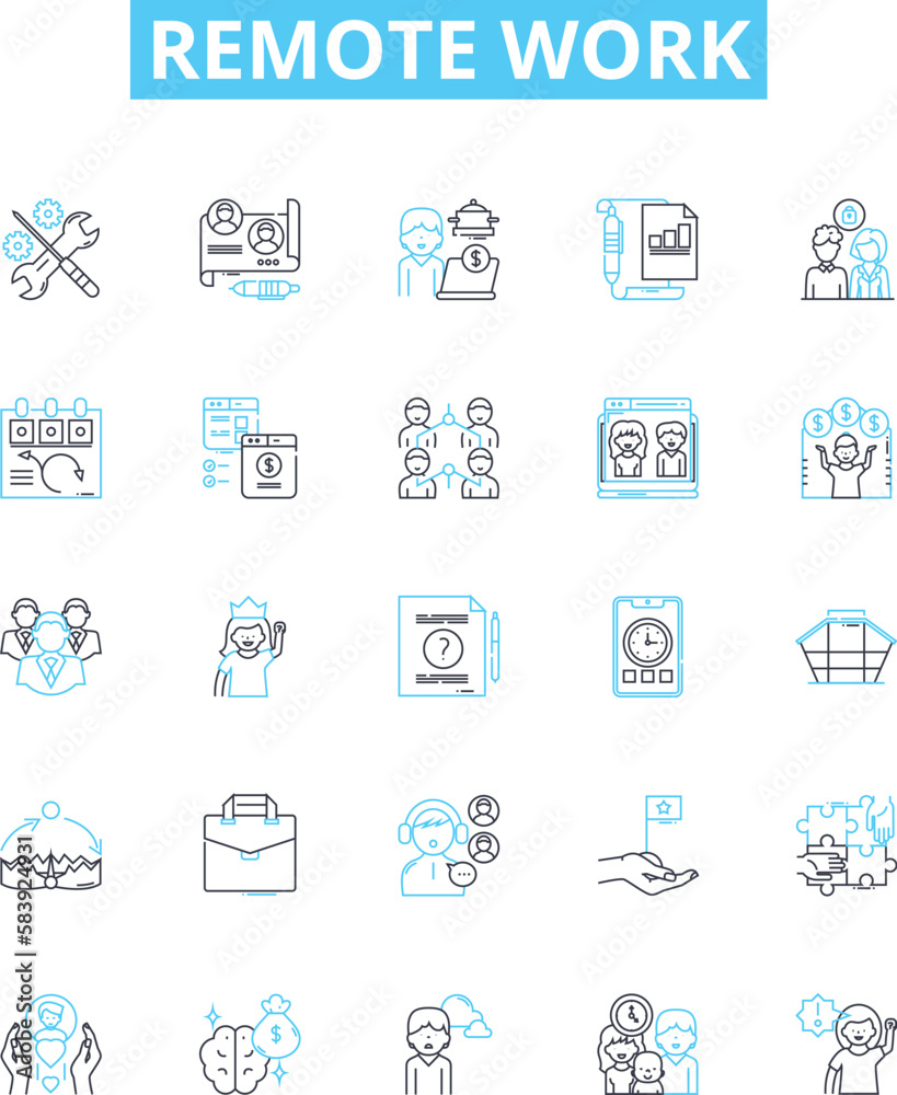 Remote work vector line icons set. Remote, Work, Telecommuting, Teleworking, Virtual, Office, Offsite illustration outline concept symbols and signs Remote work vector line icons set. Remote, Work, Telecommuting, Teleworking, Virtual, Office, Offsite illustration outline concept symbols and signs