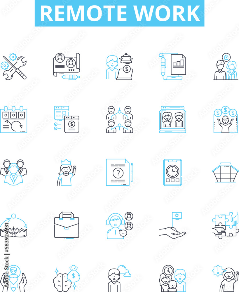 Remote work vector line icons set. Remote, Work, Telecommuting, Teleworking, Virtual, Office, Offsite illustration outline concept symbols and signs