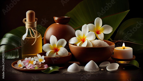 Beautiful spa composition with candles  frangipani flower  oil flasks  bowl with salt and herbal ball with Generative AI Technology
