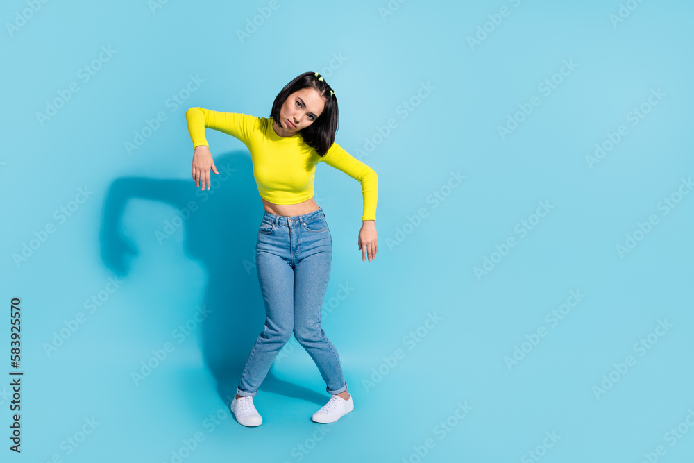 Full size photo of unsatisfied moody person robot motion empty space isolated on blue color background