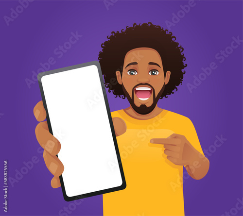Handsome African American man showing pointing to the blank phone screen vector illustration on purple background