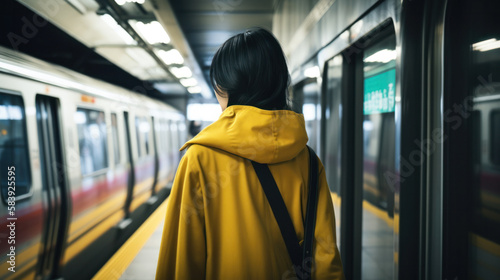 Back view of young female backpacker stand on platform waiting subway train in underground station. woman tourist watch metro drive leaving. Generative AI.