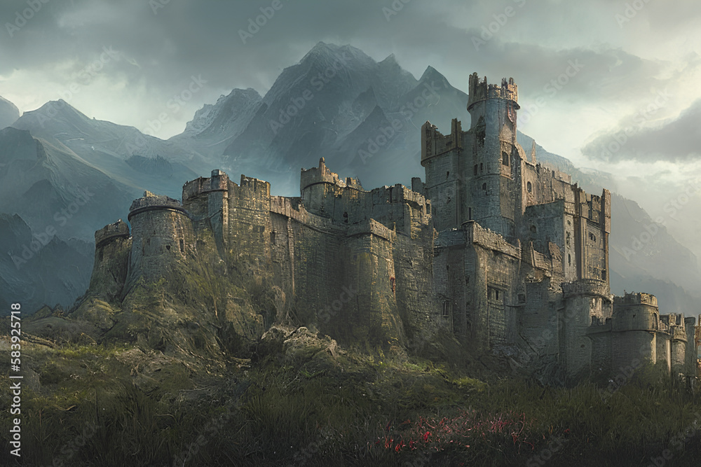 A stone castle with broken turrets and overgrown weeds build in the mountains as a fortress to defend and guard against invading armies in medieval times has seen many wars and battles. Generative ai.