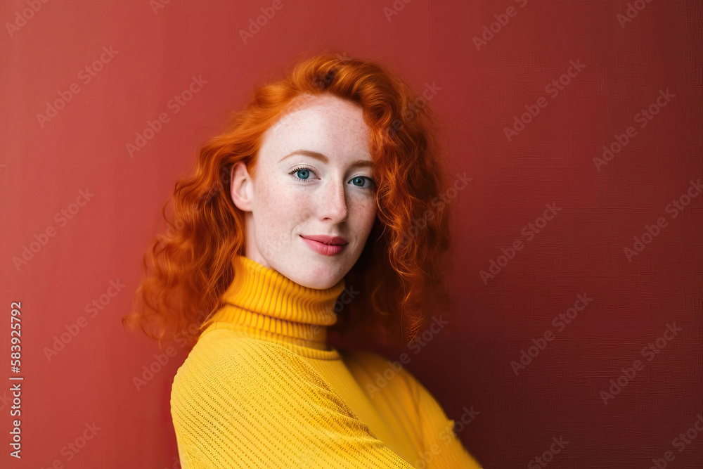 Red-haired woman next to a red wall. Generative AI Red-haired woman next to a red wall. Generative AI